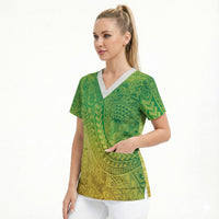 Hawaiian Turtles and Leis Scrub Top Tribal Kakau Pattern Fresh Summer Vibe