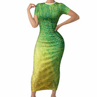 Hawaiian Turtles and Leis Short Sleeve Bodycon Dress Tribal Kakau Pattern Fresh Summer Vibe LT03 Long Dress Green - Polynesian Pride