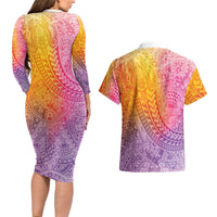 Hawaiian Turtles and Leis Couples Matching Long Sleeve Bodycon Dress and Hawaiian Shirt Tribal Kakau Pattern Magical Rainbow Sky LT03 - Polynesian Pride