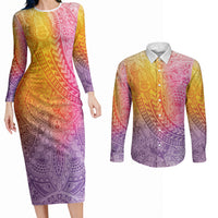 Hawaiian Turtles and Leis Couples Matching Long Sleeve Bodycon Dress and Long Sleeve Button Shirt Tribal Kakau Pattern Magical Rainbow Sky LT03 Multicolor - Polynesian Pride