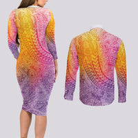 Hawaiian Turtles and Leis Couples Matching Long Sleeve Bodycon Dress and Long Sleeve Button Shirt Tribal Kakau Pattern Magical Rainbow Sky LT03 - Polynesian Pride