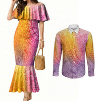 Hawaiian Turtles and Leis Couples Matching Mermaid Dress and Long Sleeve Button Shirt Tribal Kakau Pattern Magical Rainbow Sky LT03 Multicolor - Polynesian Pride