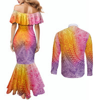 Hawaiian Turtles and Leis Couples Matching Mermaid Dress and Long Sleeve Button Shirt Tribal Kakau Pattern Magical Rainbow Sky