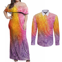 Hawaiian Turtles and Leis Couples Matching Off Shoulder Maxi Dress and Long Sleeve Button Shirt Tribal Kakau Pattern Magical Rainbow Sky LT03 Multicolor - Polynesian Pride