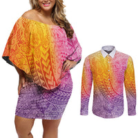 Hawaiian Turtles and Leis Couples Matching Off Shoulder Short Dress and Long Sleeve Button Shirt Tribal Kakau Pattern Magical Rainbow Sky