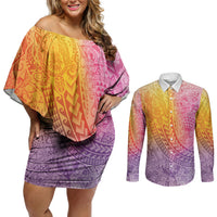 Hawaiian Turtles and Leis Couples Matching Off Shoulder Short Dress and Long Sleeve Button Shirt Tribal Kakau Pattern Magical Rainbow Sky LT03 Multicolor - Polynesian Pride