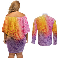 Hawaiian Turtles and Leis Couples Matching Off Shoulder Short Dress and Long Sleeve Button Shirt Tribal Kakau Pattern Magical Rainbow Sky LT03 - Polynesian Pride