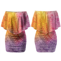 Hawaiian Turtles and Leis Couples Matching Off Shoulder Short Dress and Long Sleeve Button Shirt Tribal Kakau Pattern Magical Rainbow Sky LT03 - Polynesian Pride