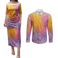 Hawaiian Turtles and Leis Couples Matching Puletasi and Long Sleeve Button Shirt Tribal Kakau Pattern Magical Rainbow Sky LT03 Multicolor - Polynesian Pride