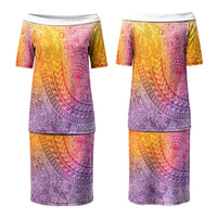 Hawaiian Turtles and Leis Couples Matching Puletasi and Long Sleeve Button Shirt Tribal Kakau Pattern Magical Rainbow Sky LT03 - Polynesian Pride