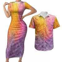 Hawaiian Turtles and Leis Couples Matching Short Sleeve Bodycon Dress and Hawaiian Shirt Tribal Kakau Pattern Magical Rainbow Sky LT03 Multicolor - Polynesian Pride