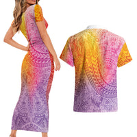 Hawaiian Turtles and Leis Couples Matching Short Sleeve Bodycon Dress and Hawaiian Shirt Tribal Kakau Pattern Magical Rainbow Sky LT03 - Polynesian Pride