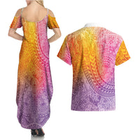 Hawaiian Turtles and Leis Couples Matching Summer Maxi Dress and Hawaiian Shirt Tribal Kakau Pattern Magical Rainbow Sky