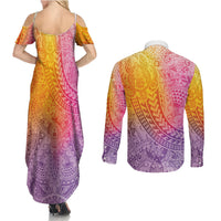Hawaiian Turtles and Leis Couples Matching Summer Maxi Dress and Long Sleeve Button Shirt Tribal Kakau Pattern Magical Rainbow Sky LT03 - Polynesian Pride