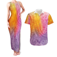 Hawaiian Turtles and Leis Couples Matching Tank Maxi Dress and Hawaiian Shirt Tribal Kakau Pattern Magical Rainbow Sky LT03 Multicolor - Polynesian Pride
