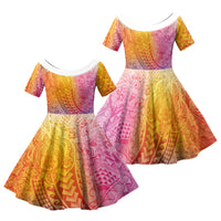Hawaiian Turtles and Leis Family Matching Mermaid Dress and Hawaiian Shirt Tribal Kakau Pattern Magical Rainbow Sky LT03 Daughter's Dress Multicolor - Polynesian Pride