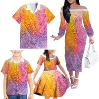 Hawaiian Turtles and Leis Family Matching Off The Shoulder Long Sleeve Dress and Hawaiian Shirt Tribal Kakau Pattern Magical Rainbow Sky
