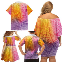 Hawaiian Turtles and Leis Family Matching Off Shoulder Short Dress and Hawaiian Shirt Tribal Kakau Pattern Magical Rainbow Sky LT03 Mom's Dress Multicolor - Polynesian Pride
