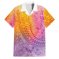Hawaiian Turtles and Leis Family Matching Off Shoulder Short Dress and Hawaiian Shirt Tribal Kakau Pattern Magical Rainbow Sky LT03 Dad's Shirt - Short Sleeve Multicolor - Polynesian Pride
