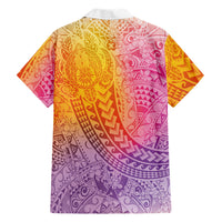 Hawaiian Turtles and Leis Family Matching Off Shoulder Short Dress and Hawaiian Shirt Tribal Kakau Pattern Magical Rainbow Sky LT03 Dad's Shirt - Long Sleeve Multicolor - Polynesian Pride