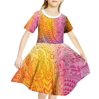 Hawaiian Turtles and Leis Kid Short Sleeve Dress Tribal Kakau Pattern Magical Rainbow Sky LT03 - Polynesian Pride