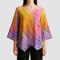 Hawaiian Turtles and Leis Kimono Sleeve Blouse Tribal Kakau Pattern Magical Rainbow Sky