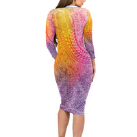 Hawaiian Turtles and Leis Long Sleeve Bodycon Dress Tribal Kakau Pattern Magical Rainbow Sky LT03 - Polynesian Pride