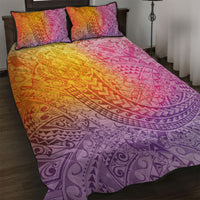 Hawaiian Turtles and Leis Quilt Bed Set Tribal Kakau Pattern Magical Rainbow Sky