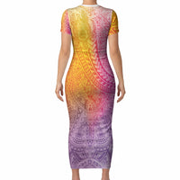 Hawaiian Turtles and Leis Short Sleeve Bodycon Dress Tribal Kakau Pattern Magical Rainbow Sky LT03 - Polynesian Pride