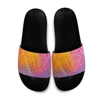 Hawaiian Turtles and Leis Slide Sandals Tribal Kakau Pattern Magical Rainbow Sky