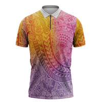Hawaiian Turtles and Leis Zipper Polo Shirt Tribal Kakau Pattern Magical Rainbow Sky LT03 Multicolor - Polynesian Pride