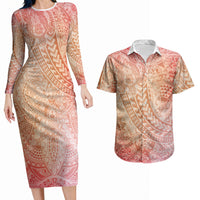Hawaiian Turtles and Leis Couples Matching Long Sleeve Bodycon Dress and Hawaiian Shirt Tribal Kakau Pattern Peach Fuzz Color LT03 Peach Fuzz - Polynesian Pride