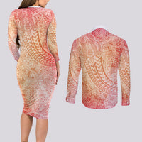 Hawaiian Turtles and Leis Couples Matching Long Sleeve Bodycon Dress and Long Sleeve Button Shirt Tribal Kakau Pattern Peach Fuzz Color LT03 - Polynesian Pride