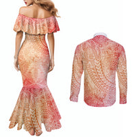 Hawaiian Turtles and Leis Couples Matching Mermaid Dress and Long Sleeve Button Shirt Tribal Kakau Pattern Peach Fuzz Color LT03 - Polynesian Pride