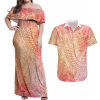 Hawaiian Turtles and Leis Couples Matching Off Shoulder Maxi Dress and Hawaiian Shirt Tribal Kakau Pattern Peach Fuzz Color
