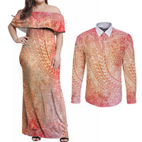 Hawaiian Turtles and Leis Couples Matching Off Shoulder Maxi Dress and Long Sleeve Button Shirt Tribal Kakau Pattern Peach Fuzz Color LT03 Peach Fuzz - Polynesian Pride