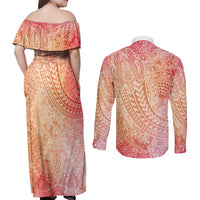 Hawaiian Turtles and Leis Couples Matching Off Shoulder Maxi Dress and Long Sleeve Button Shirt Tribal Kakau Pattern Peach Fuzz Color LT03 - Polynesian Pride