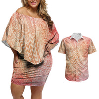 Hawaiian Turtles and Leis Couples Matching Off Shoulder Short Dress and Hawaiian Shirt Tribal Kakau Pattern Peach Fuzz Color LT03 Peach Fuzz - Polynesian Pride