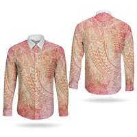 Hawaiian Turtles and Leis Couples Matching Off Shoulder Short Dress and Long Sleeve Button Shirt Tribal Kakau Pattern Peach Fuzz Color LT03 - Polynesian Pride