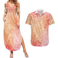 Hawaiian Turtles and Leis Couples Matching Summer Maxi Dress and Hawaiian Shirt Tribal Kakau Pattern Peach Fuzz Color