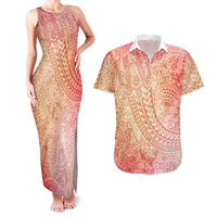 Hawaiian Turtles and Leis Couples Matching Tank Maxi Dress and Hawaiian Shirt Tribal Kakau Pattern Peach Fuzz Color