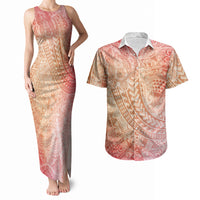 Hawaiian Turtles and Leis Couples Matching Tank Maxi Dress and Hawaiian Shirt Tribal Kakau Pattern Peach Fuzz Color LT03 Peach Fuzz - Polynesian Pride