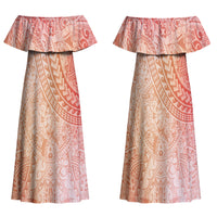 Hawaiian Turtles and Leis Family Matching Off Shoulder Maxi Dress and Hawaiian Shirt Tribal Kakau Pattern Peach Fuzz Color LT03 Mom's Dress Peach Fuzz - Polynesian Pride