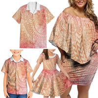 Hawaiian Turtles and Leis Family Matching Off Shoulder Short Dress and Hawaiian Shirt Tribal Kakau Pattern Peach Fuzz Color LT03 - Polynesian Pride