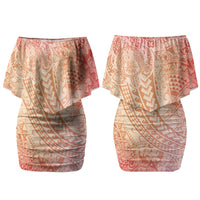 Hawaiian Turtles and Leis Family Matching Off Shoulder Short Dress and Hawaiian Shirt Tribal Kakau Pattern Peach Fuzz Color LT03 Mom's Dress Peach Fuzz - Polynesian Pride