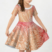 Hawaiian Turtles and Leis Kid Short Sleeve Dress Tribal Kakau Pattern Peach Fuzz Color LT03 KID Peach Fuzz - Polynesian Pride