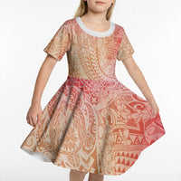 Hawaiian Turtles and Leis Kid Short Sleeve Dress Tribal Kakau Pattern Peach Fuzz Color LT03 - Polynesian Pride