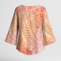 Hawaiian Turtles and Leis Kimono Sleeve Blouse Tribal Kakau Pattern Peach Fuzz Color