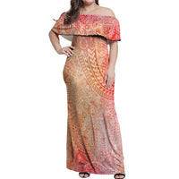 Hawaiian Turtles and Leis Off Shoulder Maxi Dress Tribal Kakau Pattern Peach Fuzz Color