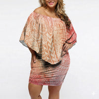 Hawaiian Turtles and Leis Off Shoulder Short Dress Tribal Kakau Pattern Peach Fuzz Color LT03 Women Peach Fuzz - Polynesian Pride